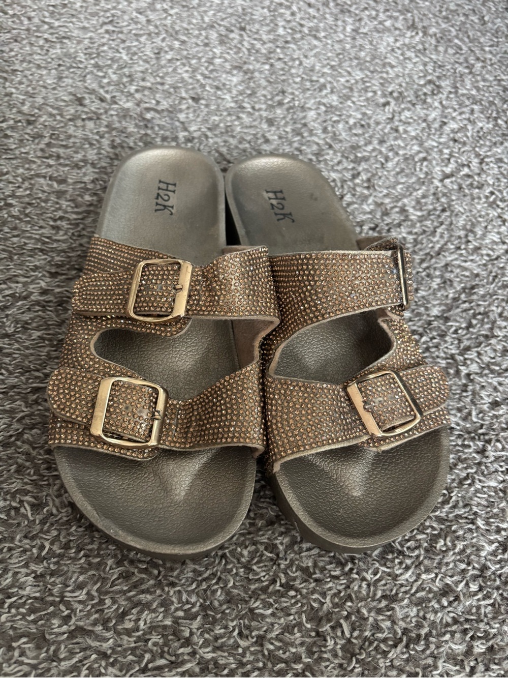 H2K Embellished Double-Buckle Slide Sandals in Gold